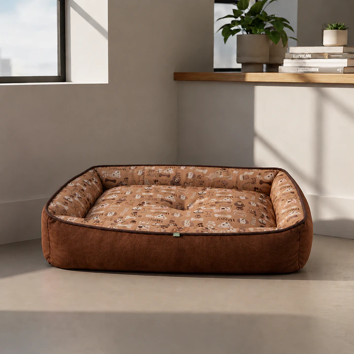 Cama Clásica Reversible Talla XL – Diseño Perritos Café 1