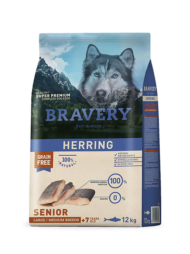 Bravery Perro Senior 7 + Herring Medium Large 12 Kilo- Alimento Super Premium Grain Free 1