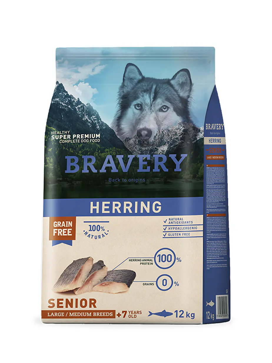 Bravery Perro Senior 7 + Herring Medium Large 12 Kilo- Alimento Super Premium Grain Free 1