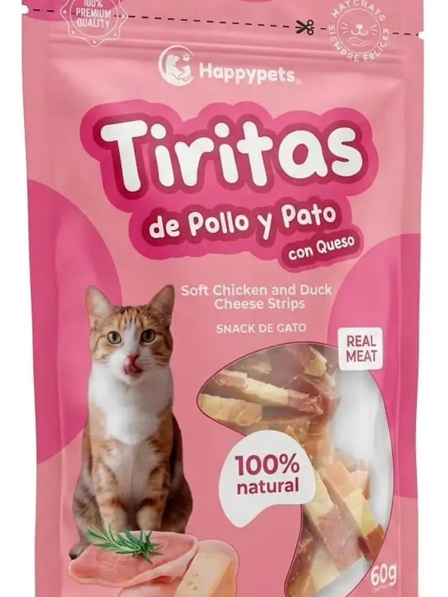 Snack Gato Tiritas De Pollo y Pato con Queso Happypets 60 Gramos 1