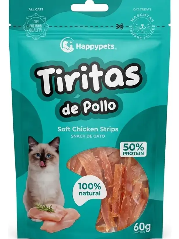 Snack Gato Tiritas De Pollo Happypets 60 Gramos 1