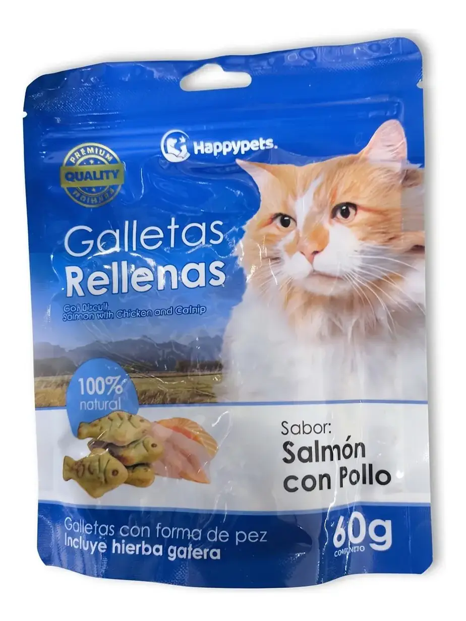 Galletas Rellenas Para Gato Sabor Salmon con Pollo Happypets 1