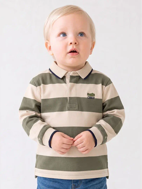 Polo Bebé Manga Comprida Riscas "Croco" Verde e Bege (6M aos 36M)