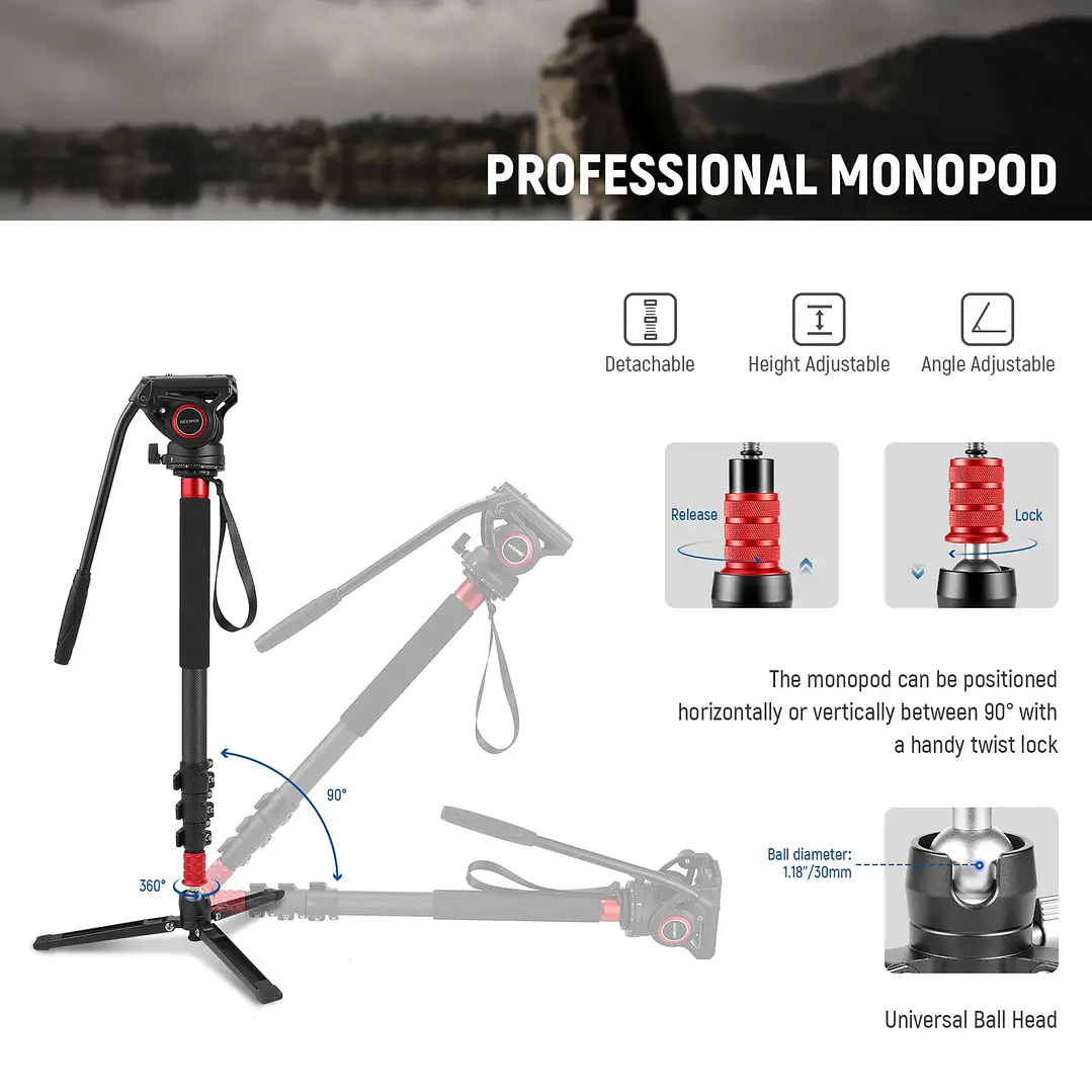 Monopie de Fibra de Carbono Neewer TP71 - Cabezal Fluido 2