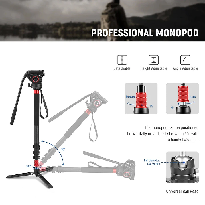 Monopie de Fibra de Carbono Neewer TP71 - Cabezal Fluido 2