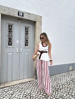 Calça riscas berinjela 