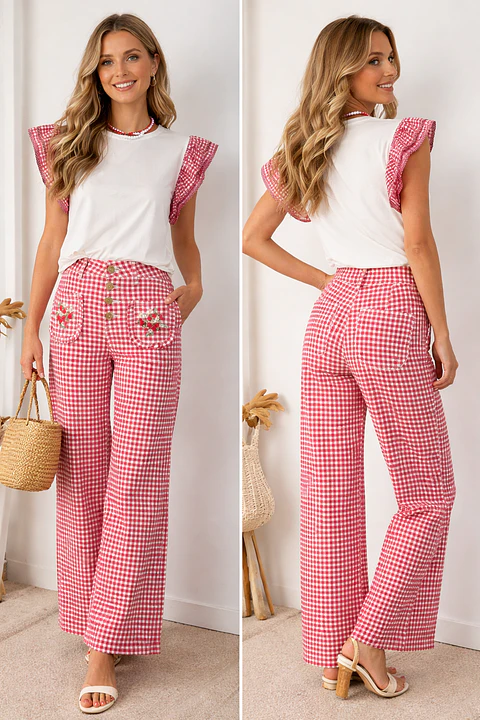 Calça vichy com morangos 