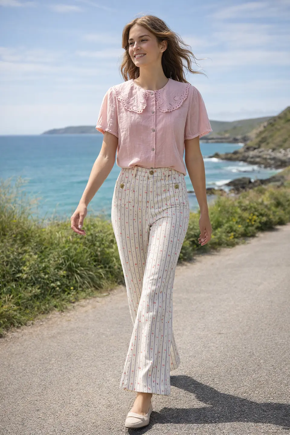 Calça risca  com flores bordadas 1