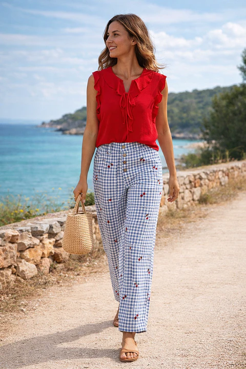Calça vichy cerejas