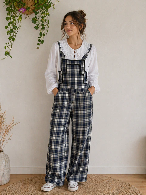 Jardineira xadrez azul