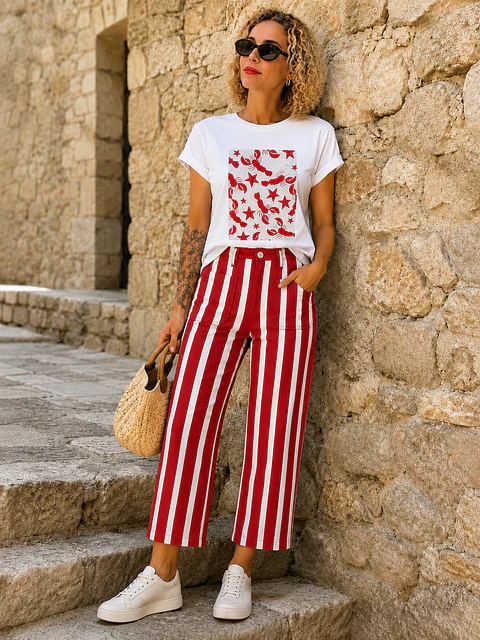 Calça de ganga de riscas 