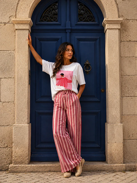 Calça pantalonas riscas rosa 