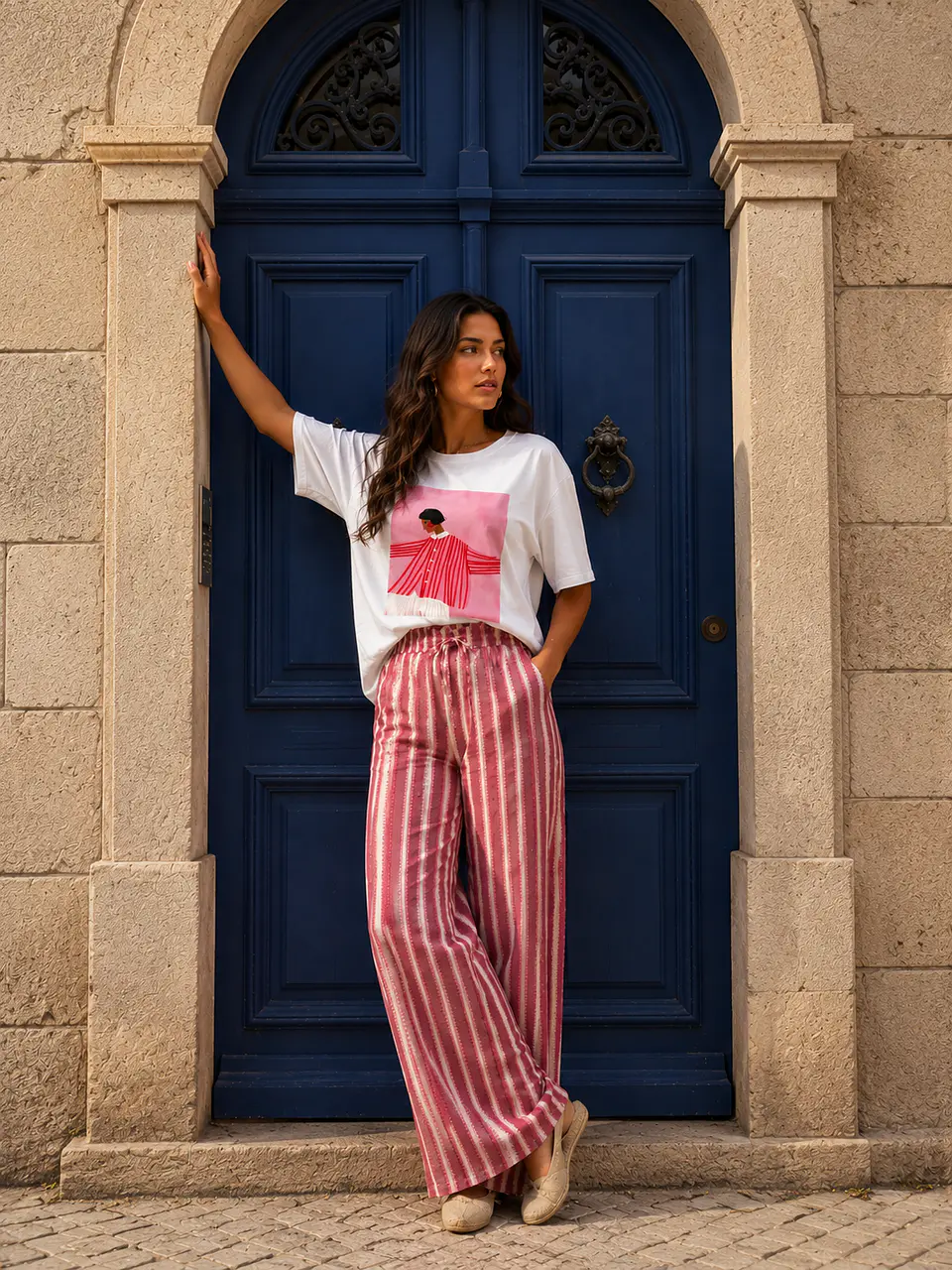 Calça pantalonas riscas rosa  1