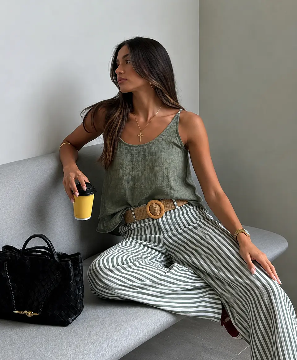 Calça pantalonas riscas médias verde  1