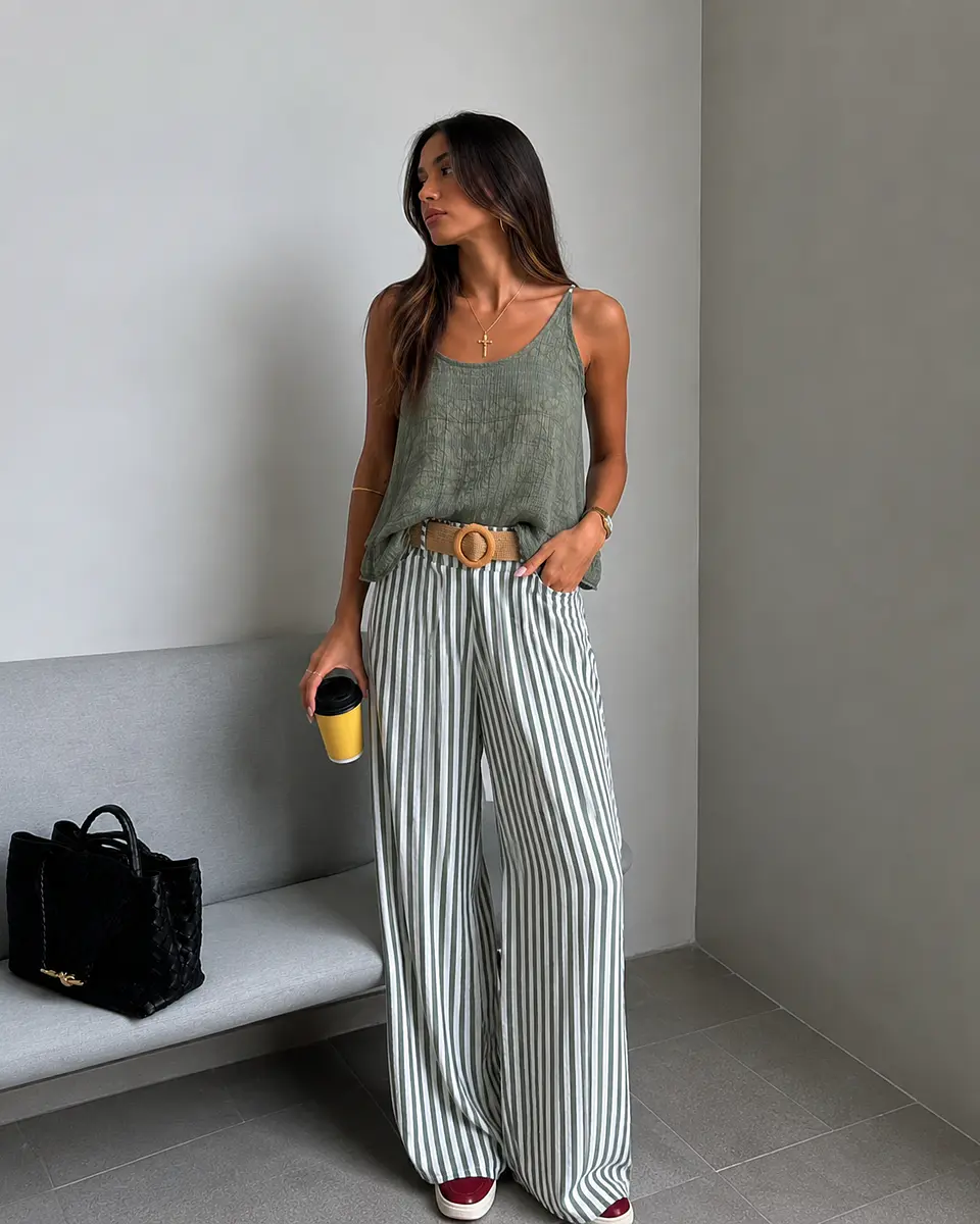 Calça pantalonas riscas médias verde  2