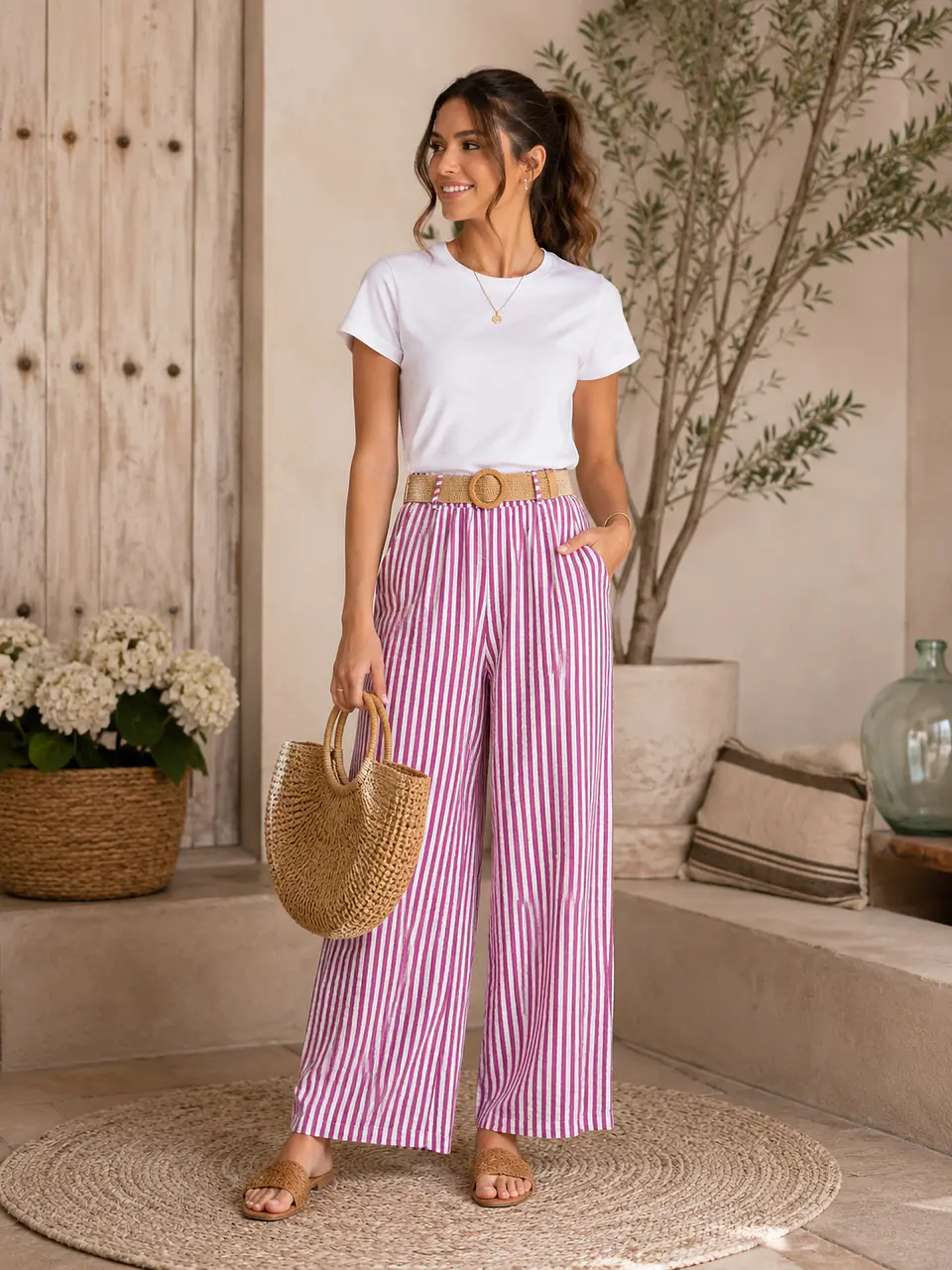 Calça pantalonas riscas médias rosa  1