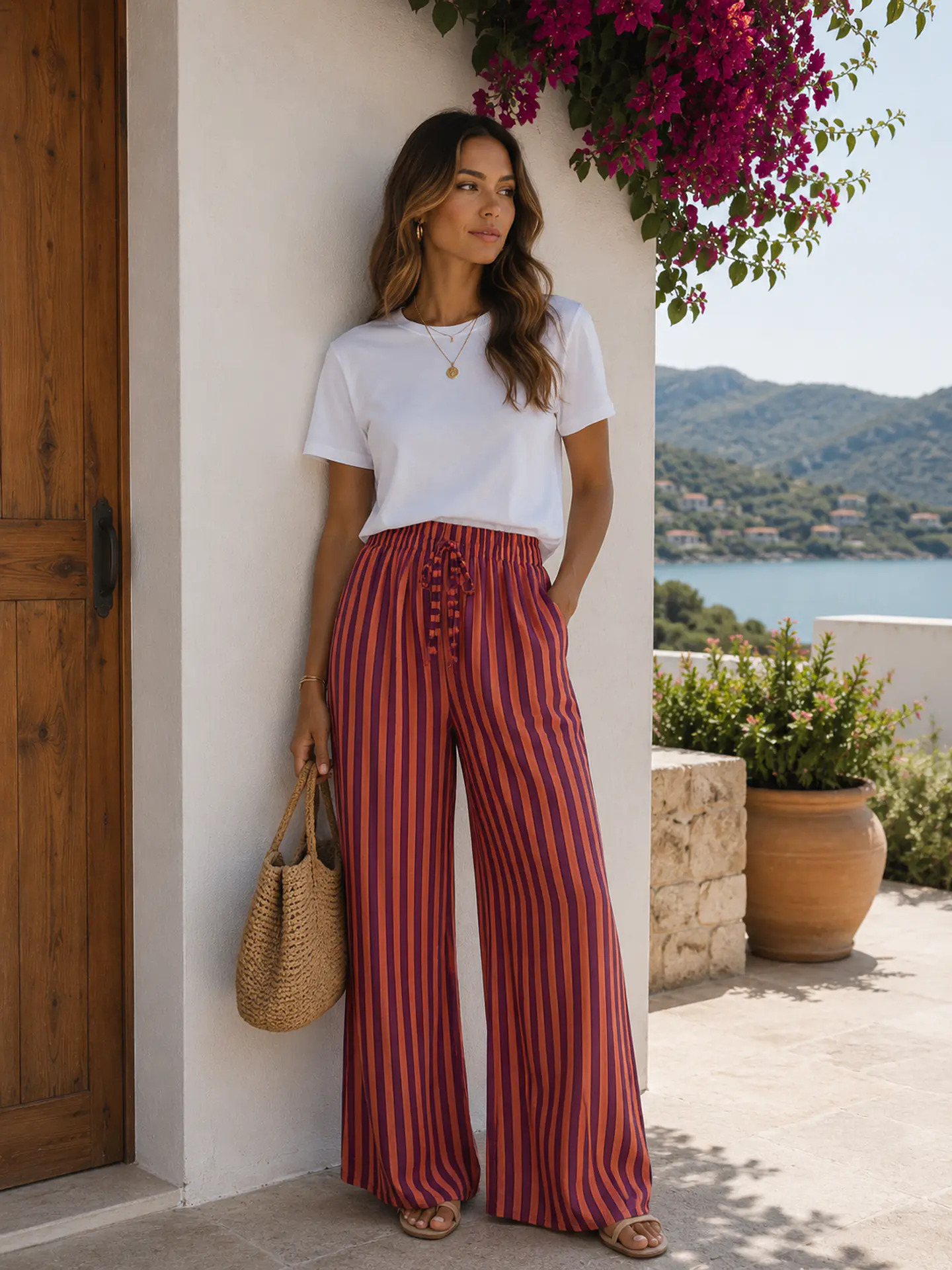 Calça pantalonas de riscas finas laranja com roxo  1