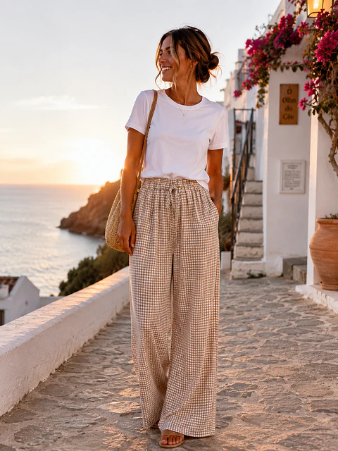 Calça pantalonas creme de xadrez miudinho 
