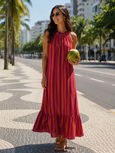 Vestido de riscas atado no pescoço 
