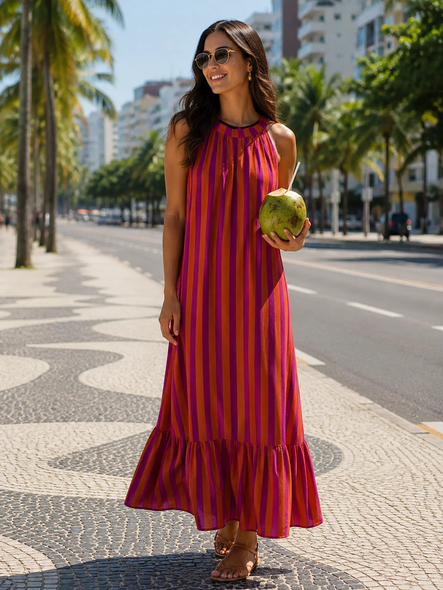 Vestido de riscas atado no pescoço  1