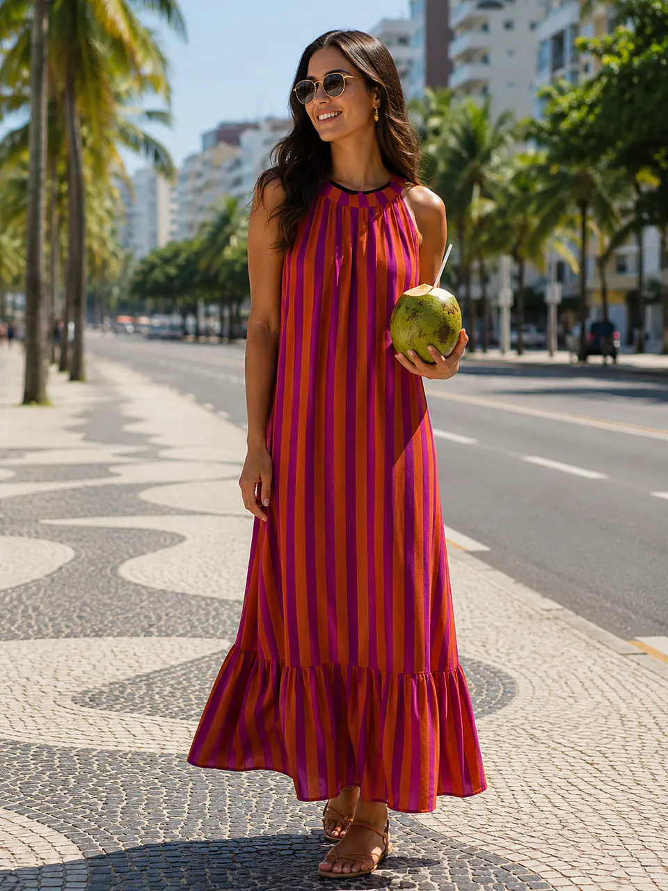 Vestido de riscas atado no pescoço  1