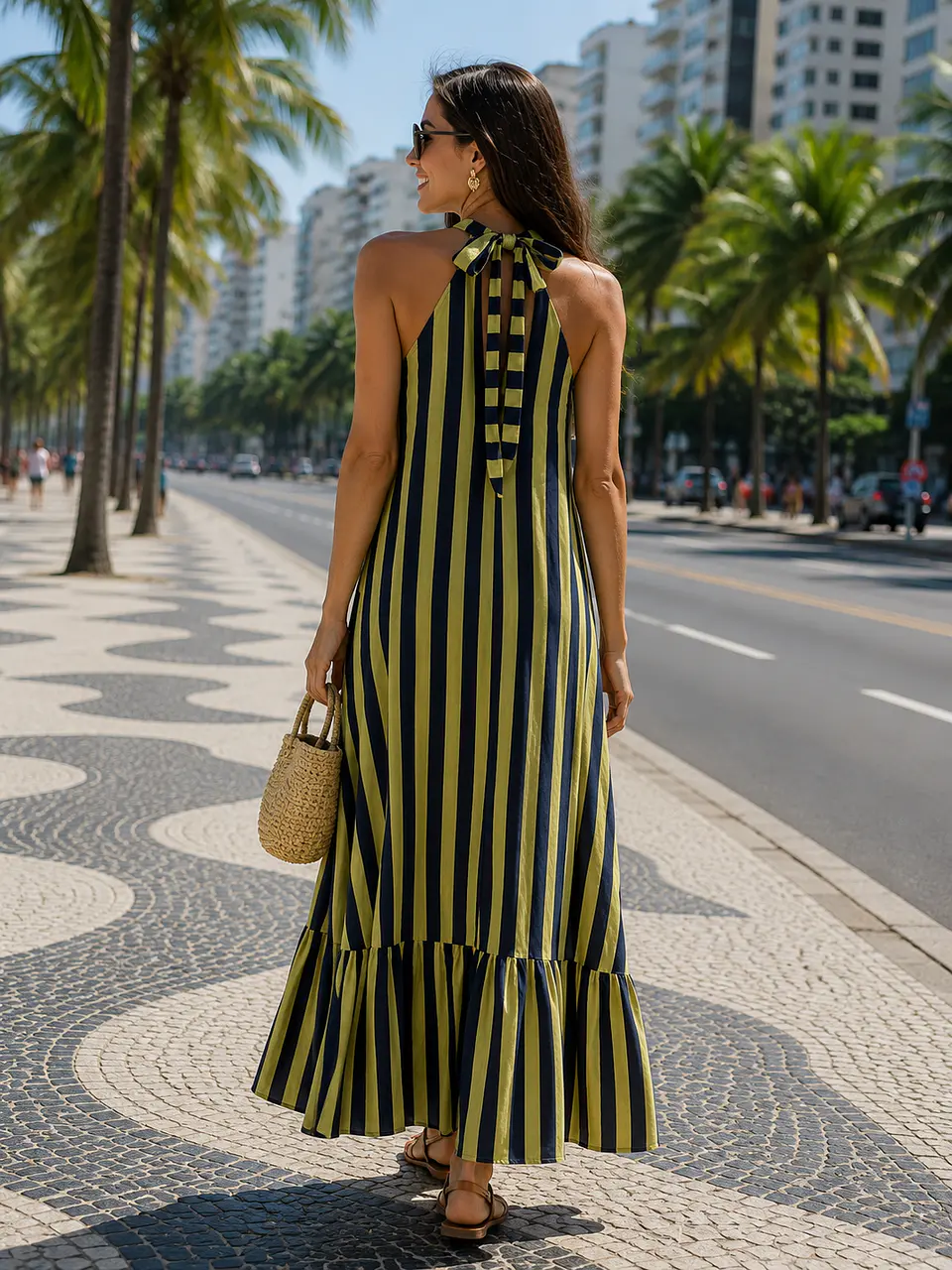 Vestido de riscas atado no pescoço  2