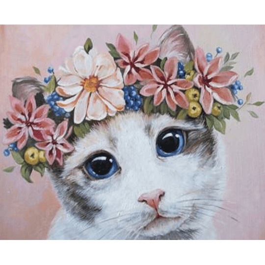 Kit Cuadro Pinta por Número, Gato con Flores