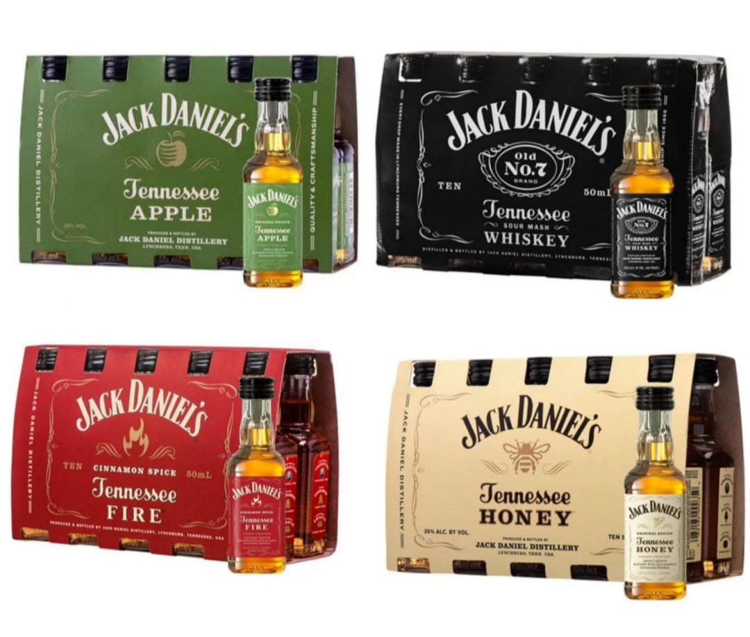 4 pack de Miniaturas Jack Daniels N7, Honey, Fire y Apple...