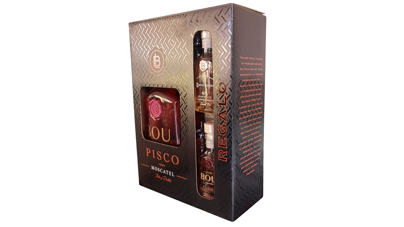  Pisco Bou Legado Reservado 40° – Pisco Ganador el Mejor del Mundo 2025 +  Miniaturas Pisco 2