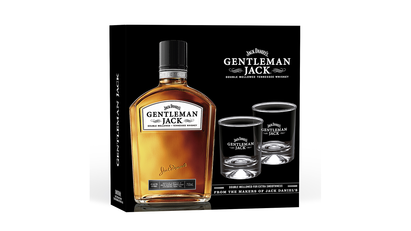 Whisky Gentleman Jack Premium 750 ml  + 2 vasos en caja para regalar 1