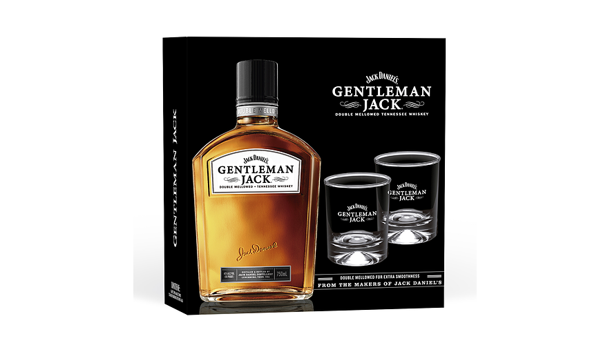 Whisky Gentleman Jack Premium 750 ml  + 2 vasos en caja para regalar 1