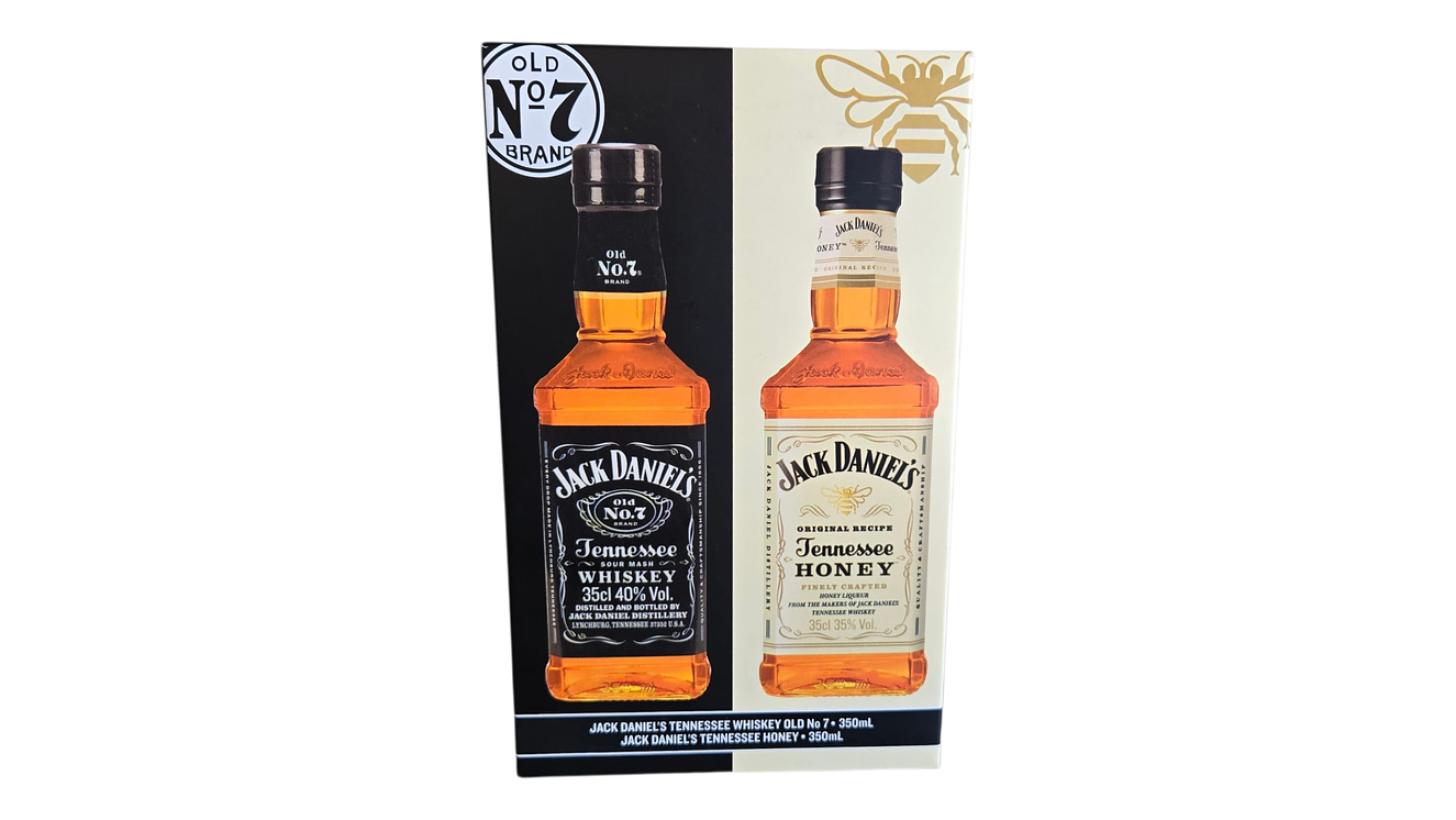 Pack 2 Whiskys Jack Daniels 350 ml  N7 Tradicional -Honey con Estuche para regalar 2