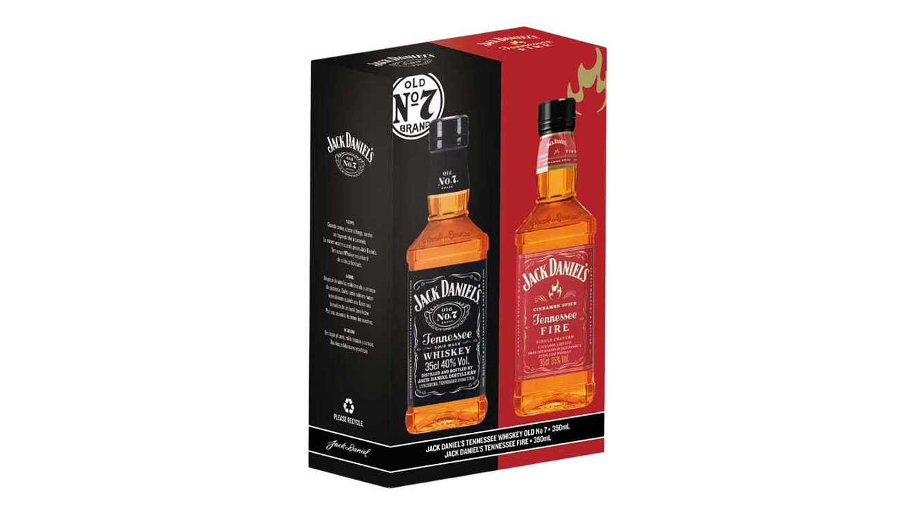 Pack 2 Whiskys Jack Daniels 350 ml  N7 Tradicional - Fire con Estuche para regalar 1