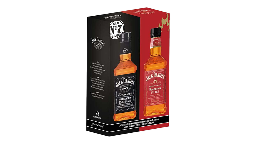 Pack 2 Whiskys Jack Daniels 350 ml  N7 Tradicional - Fire con Estuche para regalar 1