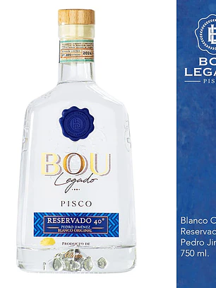 Pisco Bou Legado Transparente 40° Reservado uvas Pedro Jimenez
