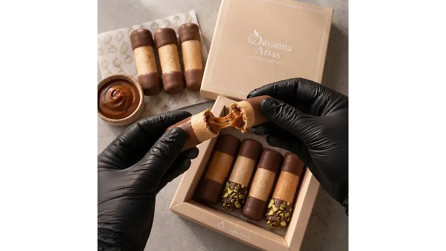 Caja 8 Barquillos Artesanales Premium Manjar y Pistacho Dubai 1
