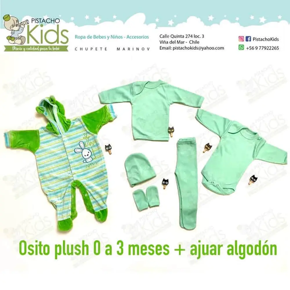 Set enterito de plush (0-3 meses) + ajuar de algodón (RN, 0 mes)