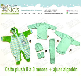 Set enterito de plush (0-3 meses) + ajuar de algodón (RN, 0 mes)