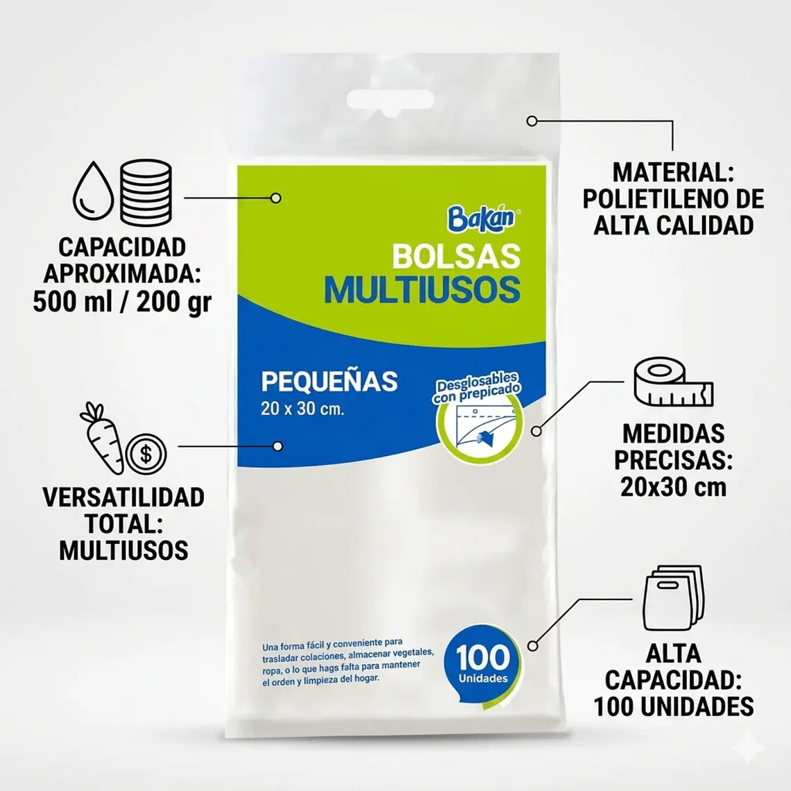 Bolsas Multiuso Bakan Pequeña 20x30 Bolsa Taco Pack 100 2