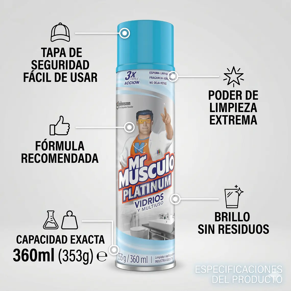 Mr Músculo Limpiavidrios Espuma 360ml Triple Acción 4