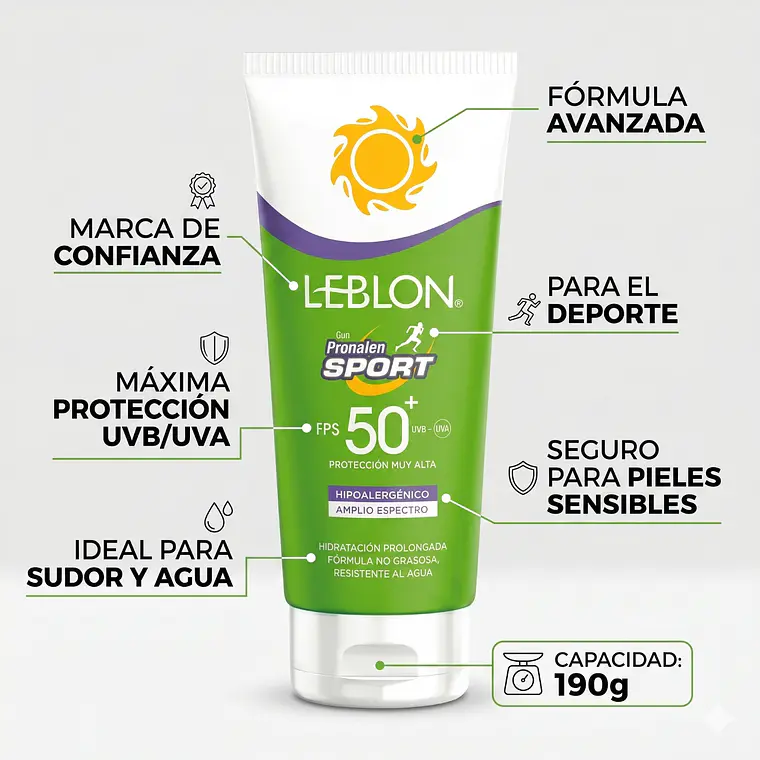Protector Solar Sport FPS50 Amplio Espectro Leblon 190g 4
