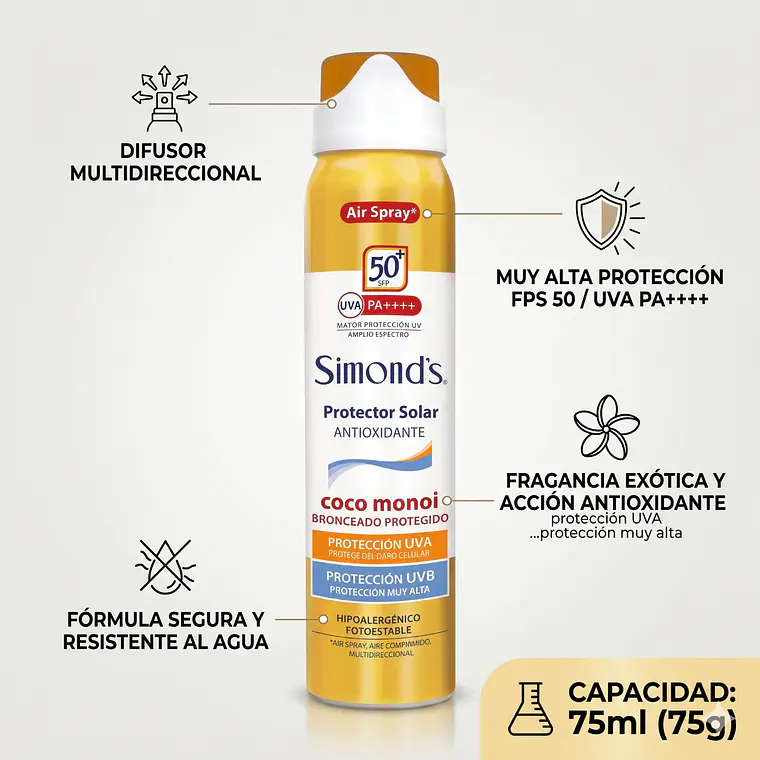 Protector Solar Simonds Air Spray FPS50 Coco Monoi 75ml 4