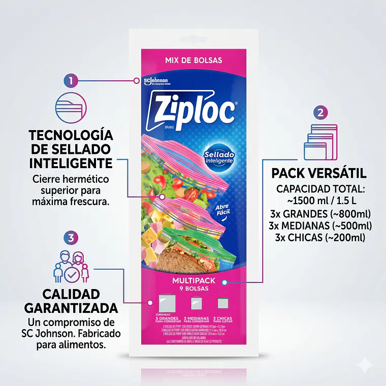 Bolsas Ziploc Multipack 9u para Alimentos y Freezer 4