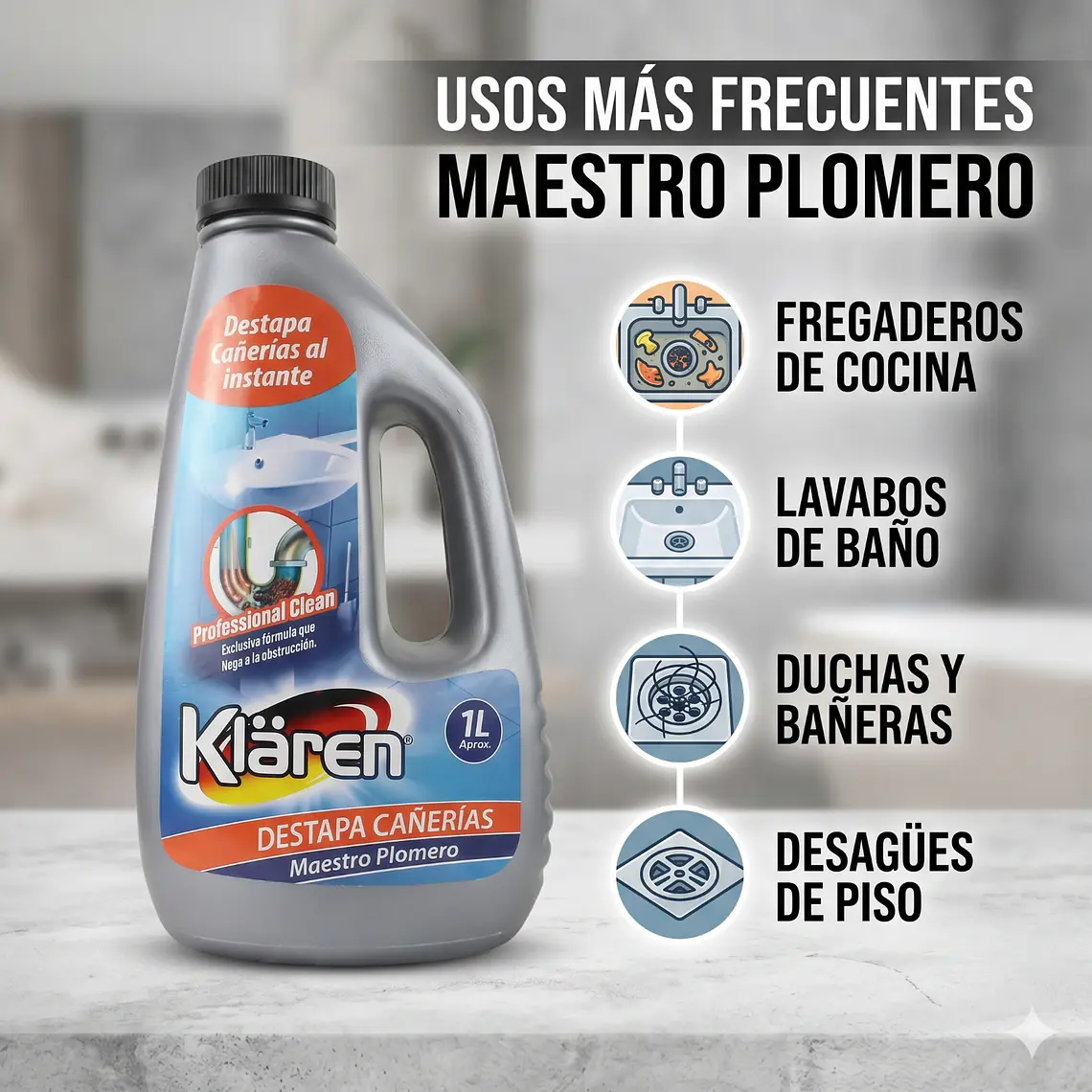Desatascador Cañerías Klaren Maestro Plomero 1L 3