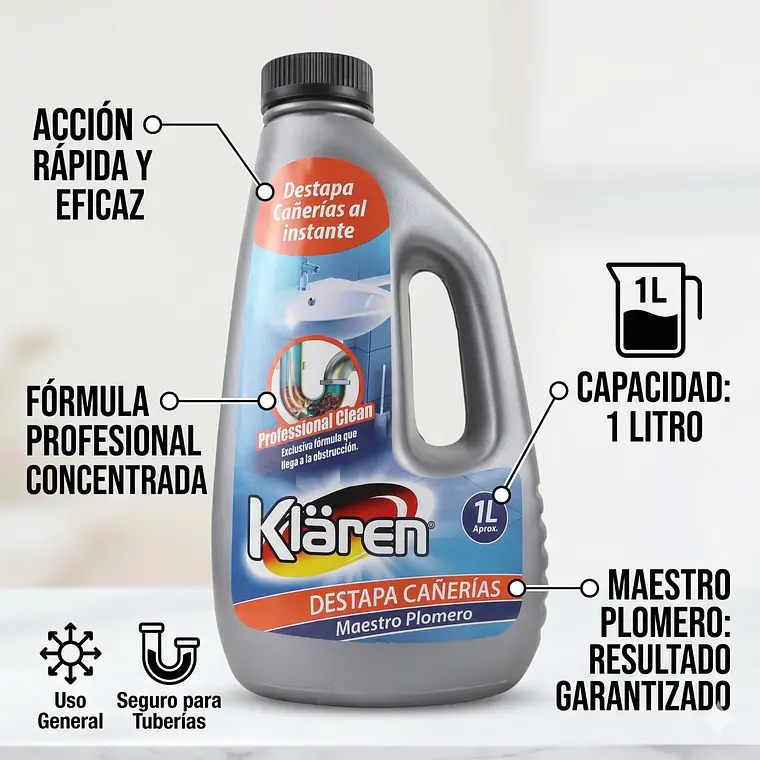 Desatascador Cañerías Klaren Maestro Plomero 1L 4