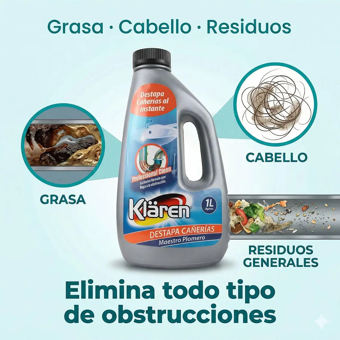 Desatascador Cañerías Klaren Maestro Plomero 1L 6