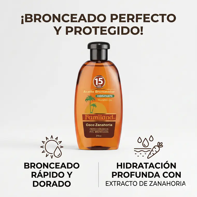 Bronceador Aceite Familand FPS15 Coco Zanahoria 210 ml 2