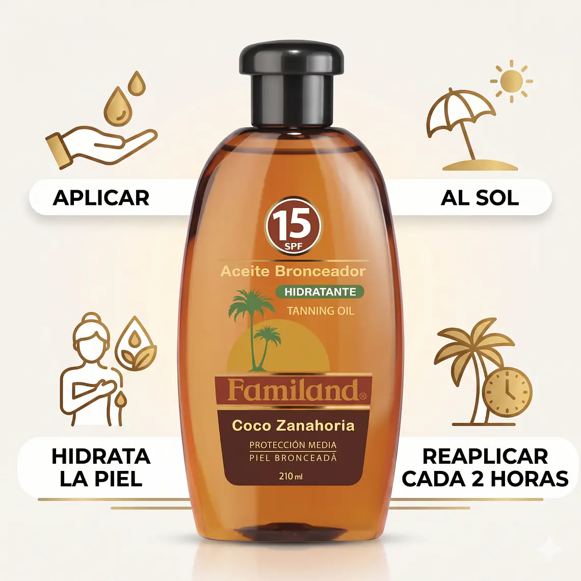 Bronceador Aceite Familand FPS15 Coco Zanahoria 210 ml 3