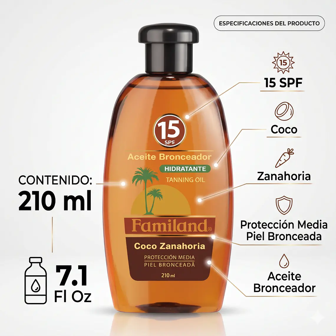 Bronceador Aceite Familand FPS15 Coco Zanahoria 210 ml 4