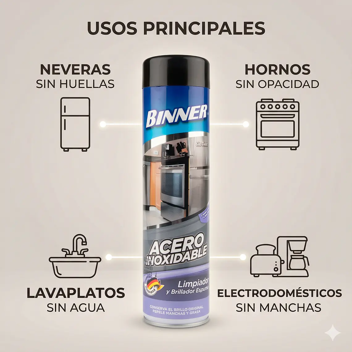 Limpiador y Brillador Binner Acero Inoxidable Espuma 400ml 3
